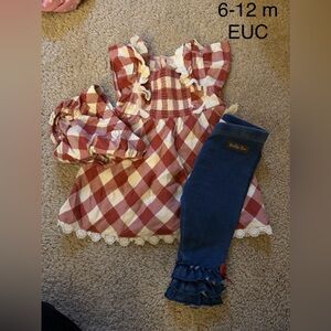 Red & White Gingham Ruffle Dress with Navy Leggings